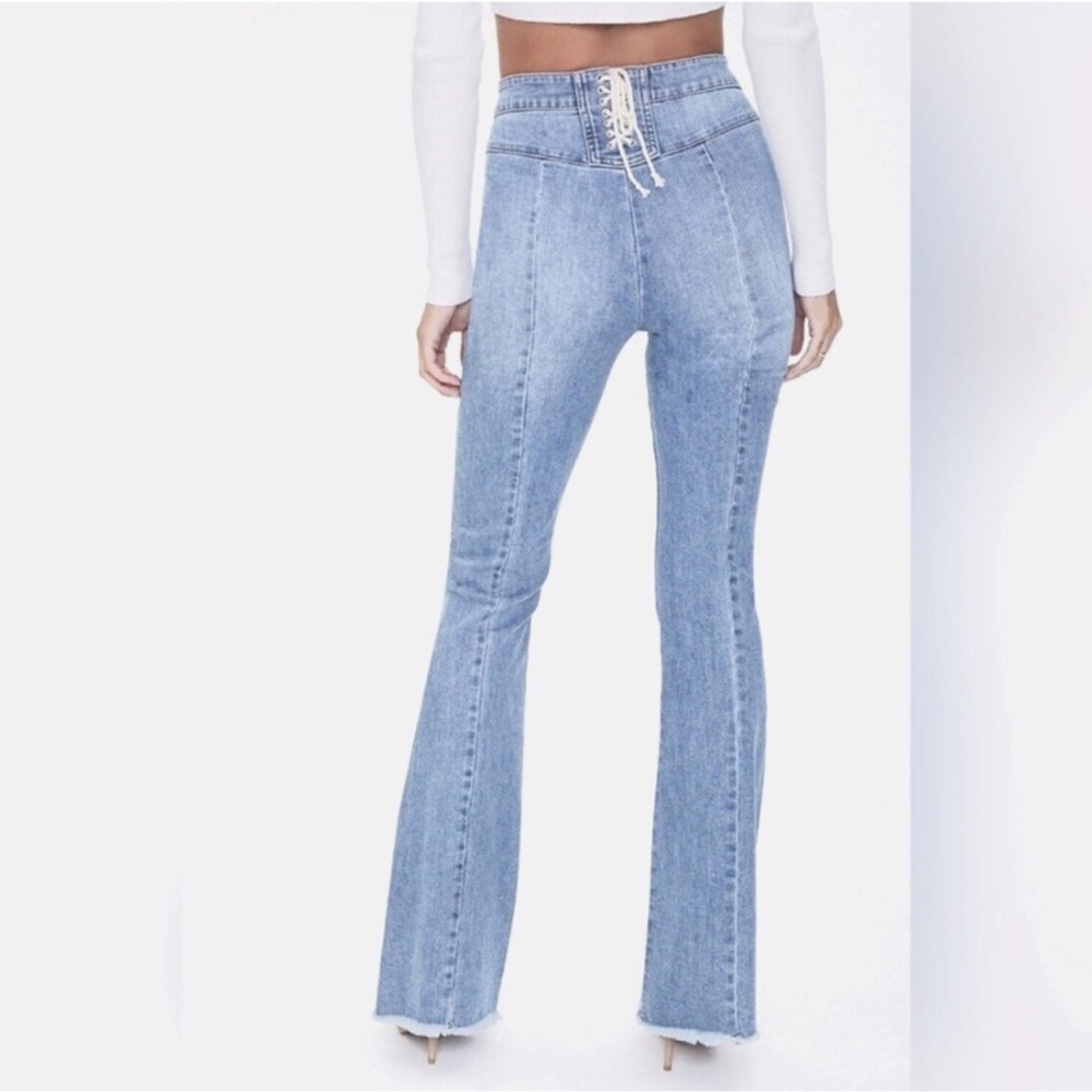 Lace Up Back Denim Bellbottom Jeans - Picture 2 of 6